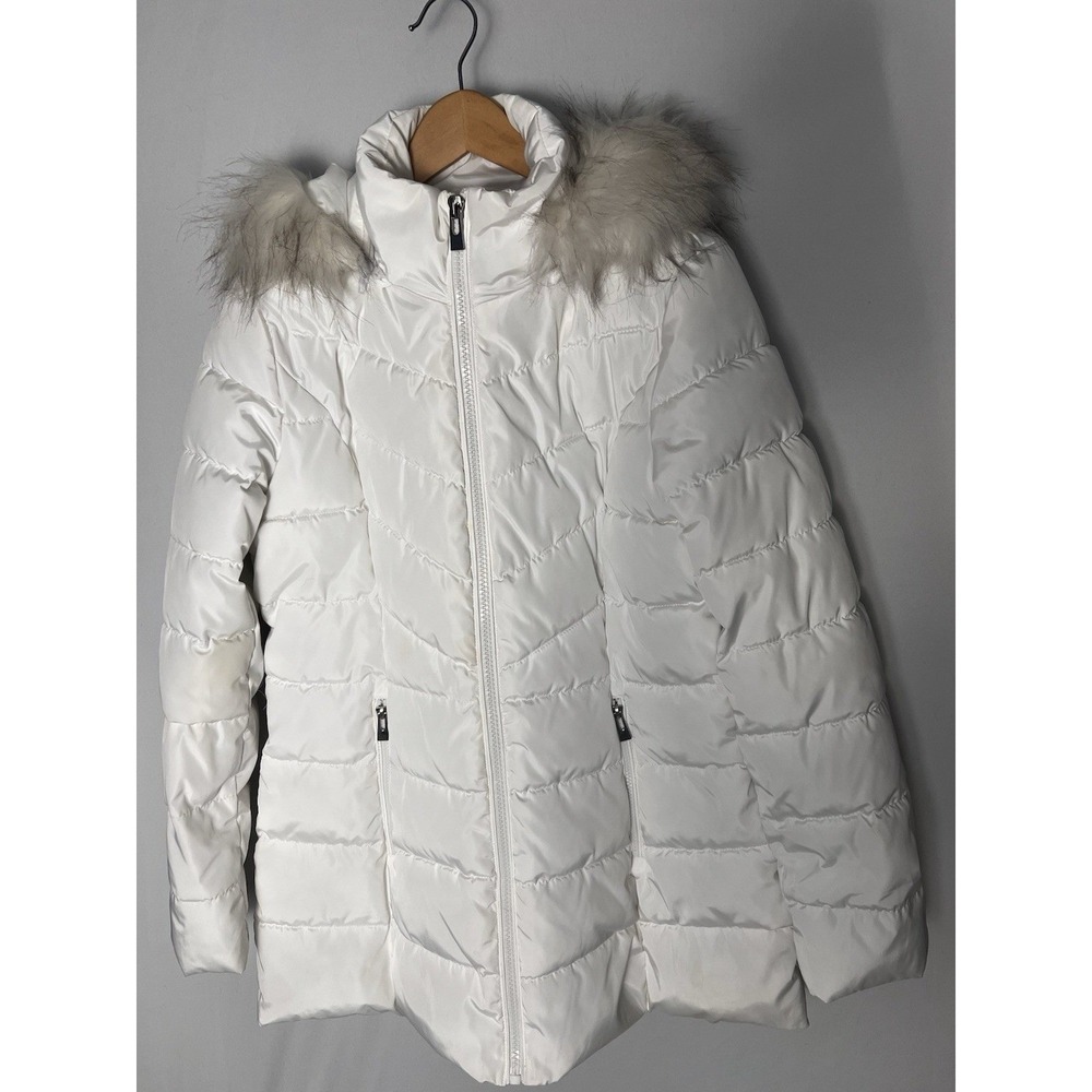 INC Women's White Hood Faux Fur Trim Quilted Puffer Coat Size Large